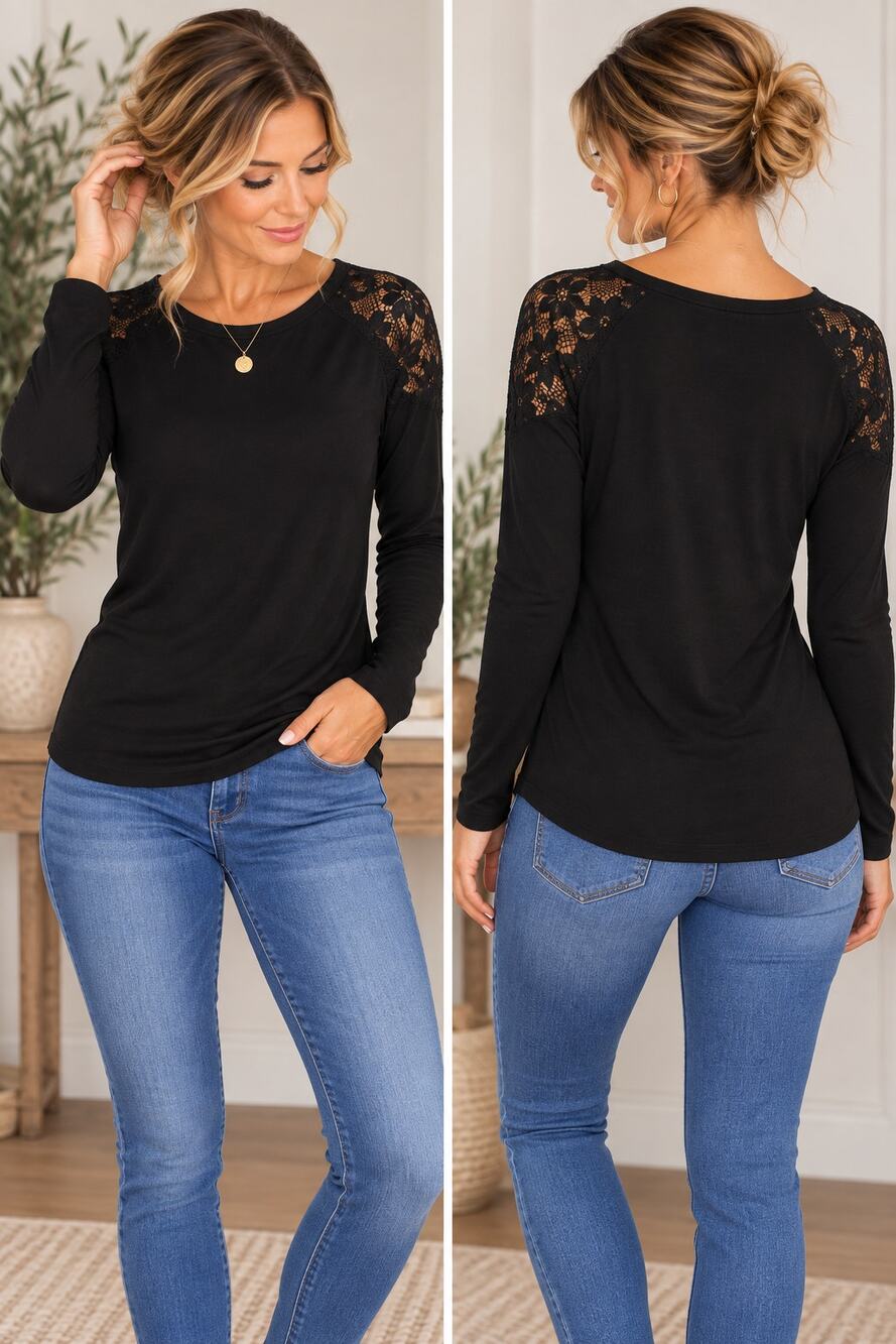 Hem & Thread Black Lace Shoulder Long Sleeve Top Floral Detail Size S